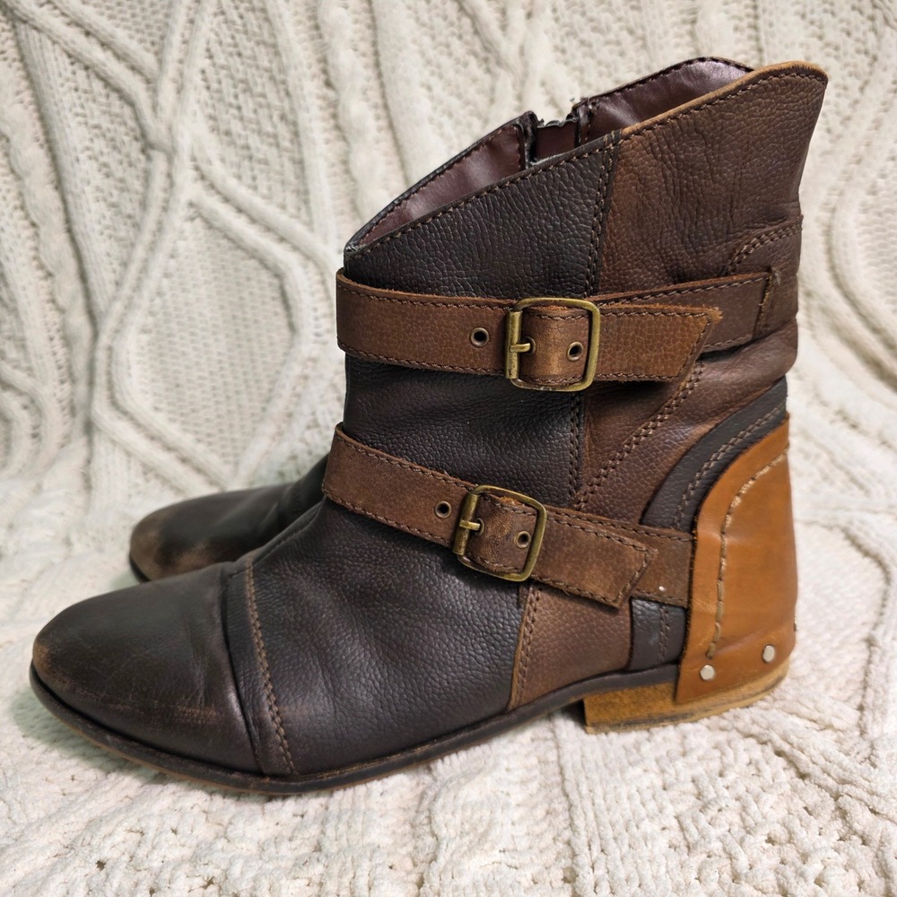 Naughty Monkey Ankle Boots‎ Brown Mixed Media Leather Studded Moto Y2K Womens 9